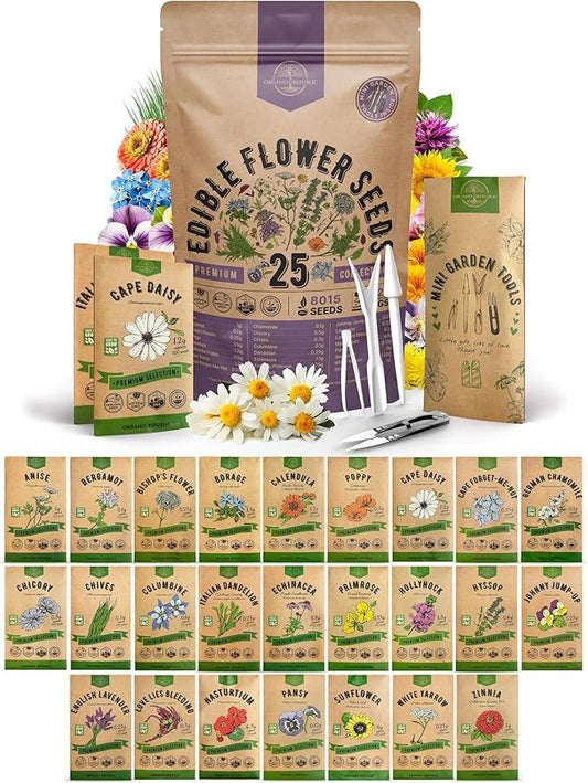 Organo Republic 25 Edible Flower Seeds Variety Pack- Indoor/Outdoor. 8000+ Non-GMO Heirloom: Anise, Hyssop, Nasturtium, Pansy, Echinacea, Lavender, Chives Seeds & More