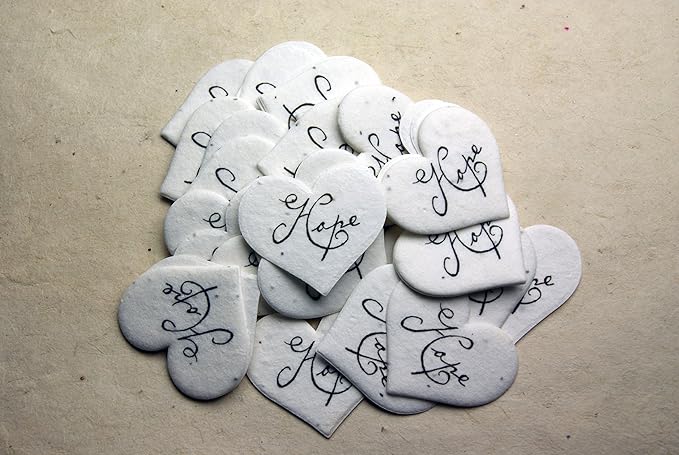 Of The Earth Handmade Paper - Wildflower Seed Paper Small Heart Tags - Calligraphy Variations - 1.75" X 1.5" - Set of 50 (Hope)