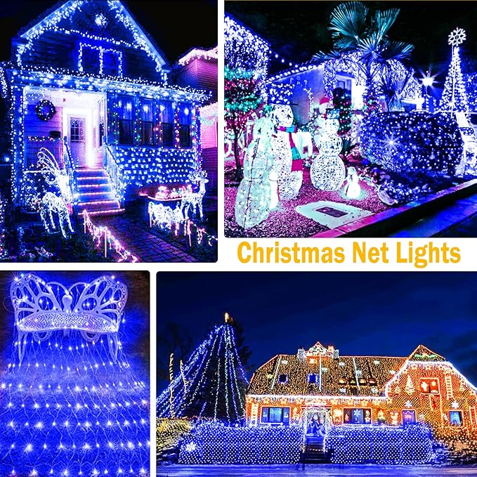 KNONEW Christmas Net Lights 360 LEDs 13ft x 9.8ft Outdoor Mesh Lights Connectable Waterproof 8 Modes & Timer Plug-in Net Fairy Lights for Bushes Garden Party Wedding Holiday,Blue