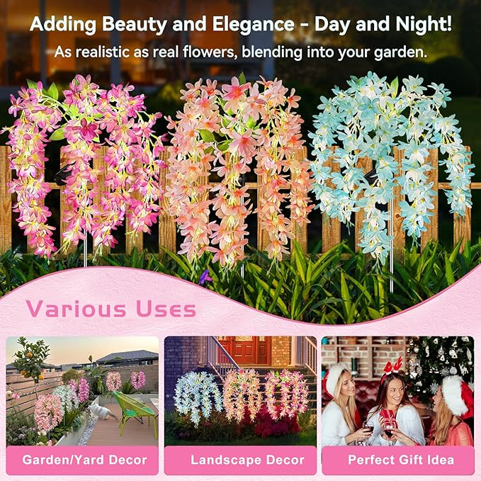 Neporal Solar Flowers Outdoor Waterproof IP65, 5 Lilac Flower Vines with 140+ Flowers, Warm Light & 2 Lightning Modes, 3PK Blue/Pink/Purple Solar Garden Lights Outdoor for Garden, Yard, Pathway Decor