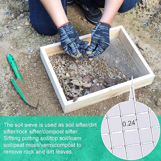 15.74" x 11.81" Soil Sifter - Steel Wire Mesh & Natural Wood Dirt Sifter for Gardening - Compost, Rock, & Dirt Sifter Tool with Gloves and Trowel- Essential Garden Tool for Flower & Vegetable Planting
