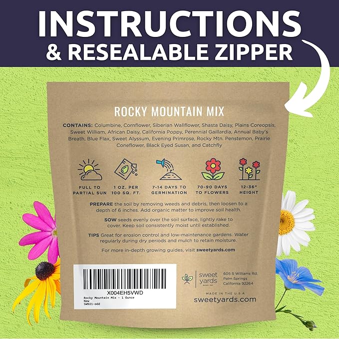 Rocky Mountain Regional Mix - Large 1 Ounce Packet - 25,000 Flower Seeds for Planting - Wildflower Mix