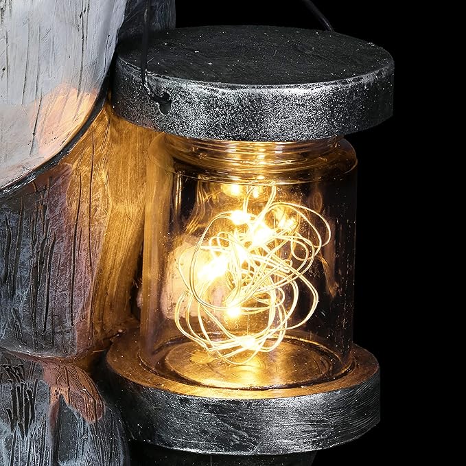 Exhart Garden Sculpture, Raccoon Solar Garden Statue with 2 Jars, 16 LED Firefly Lights, Outdoor Garden Decoration, 7.5 x 9 x 10.5 Inch