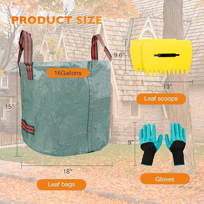 HQPASFY Weeding Sickle Set, Long Handle Sickle with Serrated Double-Edged Blade, Grass Sickle Stand Up Weeding Tool with 2 Pack Leaf Scoops, 16 Gallon Lawn Bag with Gardening Gloves for Yard