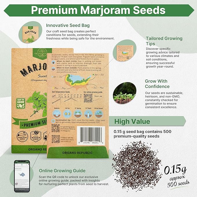 Marjoram Seeds Pack 0.15 G - Over 500 Non-GMO Heirloom Marjoram Seeds for Planting Herbs in Individual Seed Packet, Herbs Seeds for Planting Home Garden Indoor & Outdoor Gardening