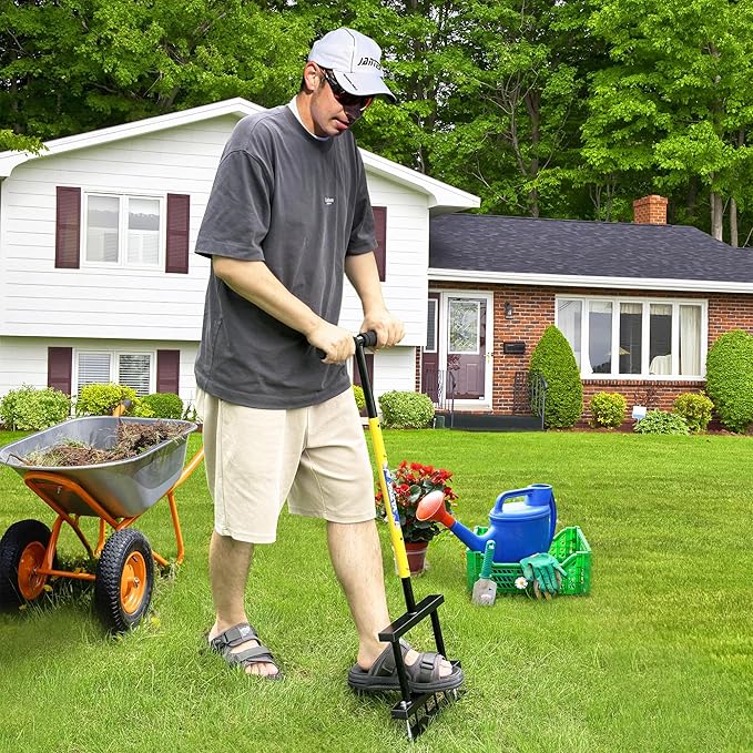 Adjustable Height Lawn Aerator Spike Tool with Spring, 4 Spikes Manual Yard Grass Aerator Gardening Tool for Lawn Care Courtyards, 38''