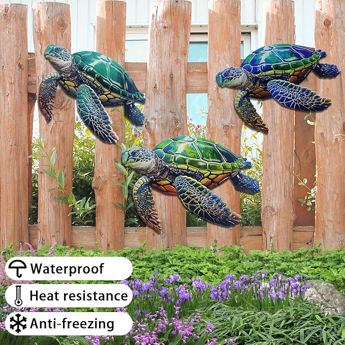 John's Studio 3Pcs Metal Turtle Sea Wall Decor Outdoor Garden Hanging Art Sculptures Home Ocean Theme Decorations for Kitchen Bathroom and Pool