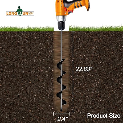 Auger Drill Bit for Planting 2.4"(D) x22.84(L), Garden Ground Earth Spiral Drill Bit for 3/8" Hex Drive Drill, for Post Hole Digger Bulb Bedding Digging Plant Rapid Planter