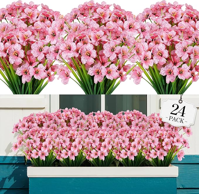 24 Bundles Artificial Flowers for Outdoor,No Fade Fake Plastic Flowers Faux Plants for Decoration Hanging Planters Indoor Outside Garden Porch Window Box Home Wedding Farmhouse