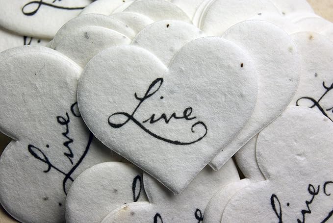 Of The Earth Handmade Paper - Wildflower Seed Paper Small Heart Tags - Calligraphy Variations - 1.75" X 1.5" - Set of 50 (Live)