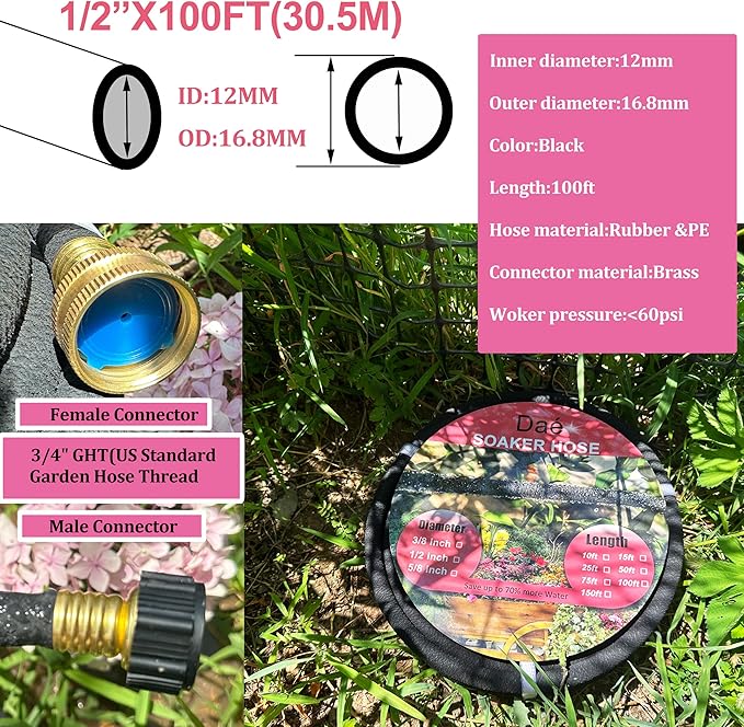 Rubber Soaker Hose, 1/2 inch, 100ft Garden Hose for Irrigation,Water-Saving up to 70%, Brass Connector Leak-Proof, Heavy-duty Hose, Watering for Trees,Lawns, Vegetables and Flowers.