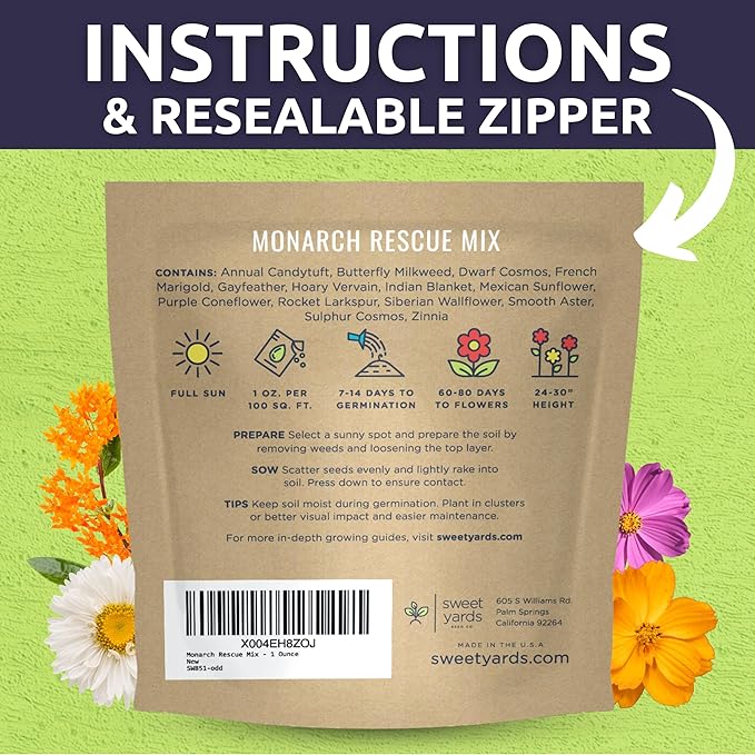 Monarch Butterfly Rescue Mix - Large 1 Ounce Packet - 11,000 Flower Seeds for Planting - Wildflower Mix