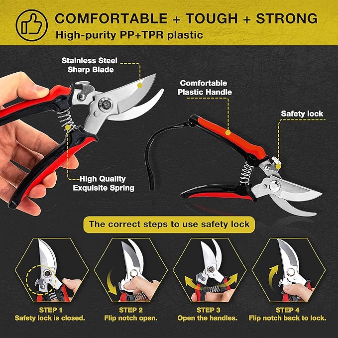 KOTTO 4 Pack Professional Bypass Pruning Shears, Stainless Steel Cutter Clippers, Sharp Hand Pruner Secateurs, Garden Trimmer Scissors Kit with Storage Bag and Protection Gloves