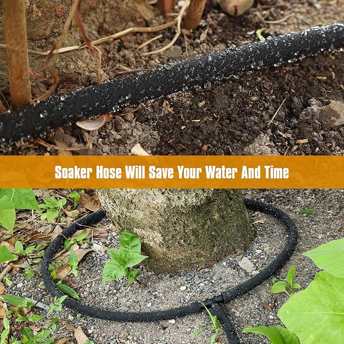 Soaker Hose 15FT 5/8" Diameter for Garden Beds Solid Brass Interface Irrigation Save 70% Water Heavy Duty Rubber Great for gardens/flower beds