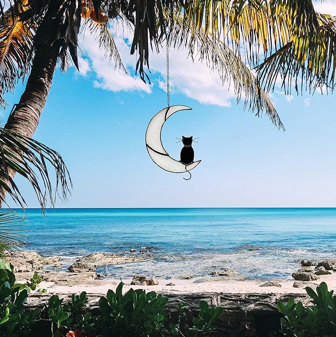 Black Cat Decor On White Moon Stained Glass Window Hanging Suncatcher for Windows Panels Sun Catcher Halloween Ornament Decoration Memorial Gift Cat for Lover Cat Loss