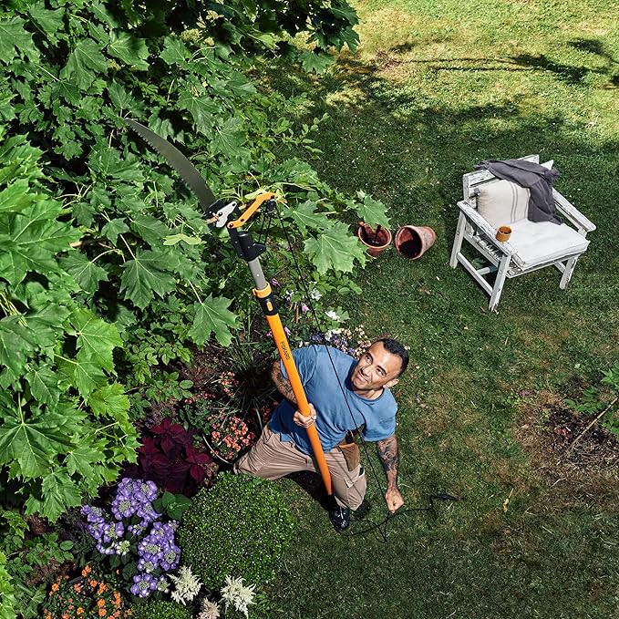 Fiskars 7ft-14ft Power-Lever Extendable Pole Saw and Tree Pruner, Lawn and Garden Tools, Black/Orange
