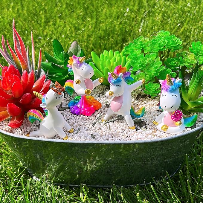 Mood Lab Miniature Unicorn Figurines Set - Funny Mini Statue Kit of 4 pcs - Unicorn Fairy Garden Accessories
