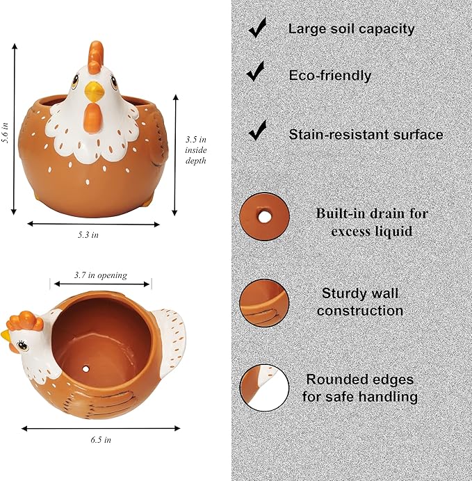 Chicken Planter - Rooster Utensil Holder Party Accessories - Flower Succulent Pot - Indoor Outdoor Garden Backyard Patio Chicken Theme Ceramic
