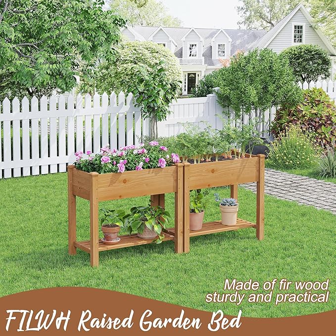 FILWH Raised Garden Bed with Legs Elevated Wooden Planter Box Stand Large Planter Stand Box for Fruits Vegetables Flowers with Divider with Bag - 34x18x30.5IN(Brown)
