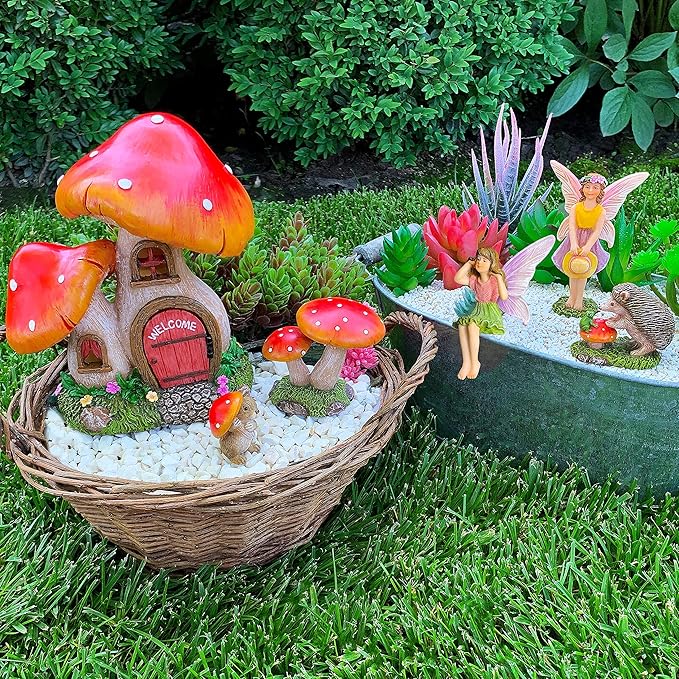 Mood Lab Fairy Garden - Mushroom House Set of 6 pcs - Miniature Figurines & Accessories Kit - for Outdoor or House Decor