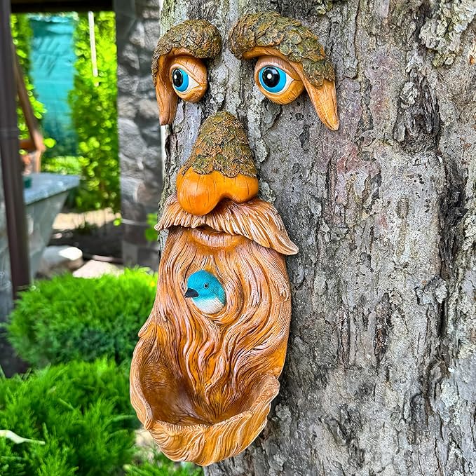Mood Lab Tree Faces Decor Outdoor - Old Man Bird Feeder - Tree Hugger Garden Decoration - Yard Art Statues