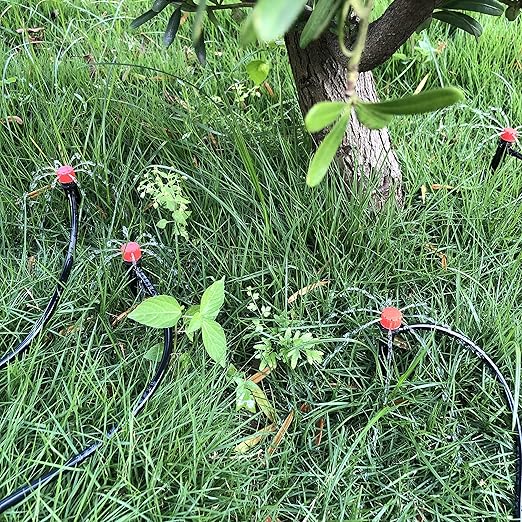 50pcs Drip Emitters for 1/4" Drip Irrigation Tubing, Adjustable 360 Degree Water Flow Drippers on 5" Arrow Stake, Garden Irrigation Drippers for (4-7mm) Watering System