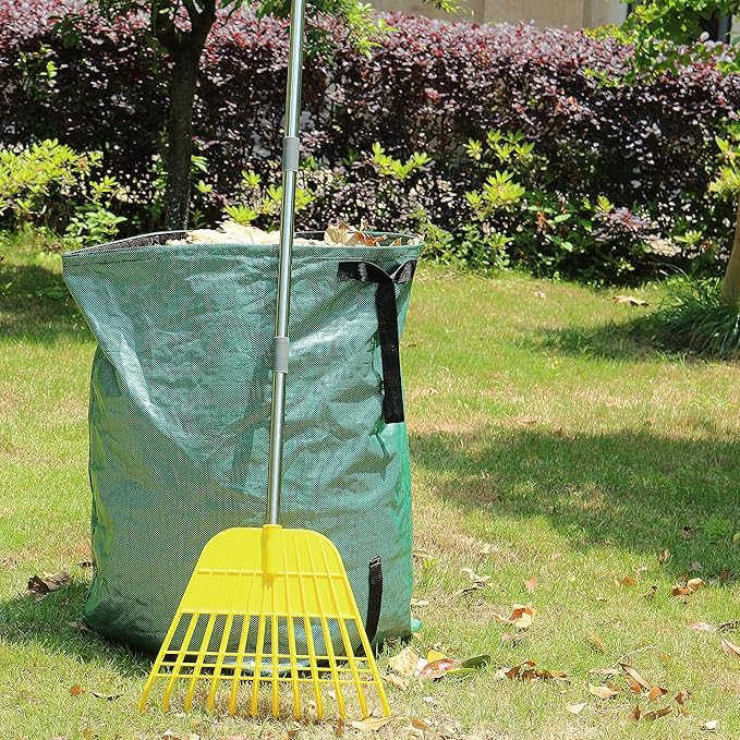 Gardzen 12 Tines Gardening Leaf Rake, Lightweight Steel Handle, Detachable, Ideal Camp Rake, Comes with Dustpan-Type Garden Bag - Yellow