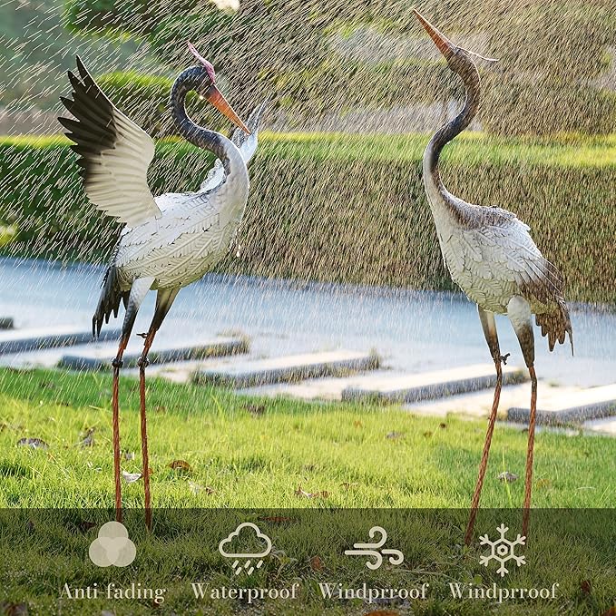 TERESA'S COLLECTIONS Yard Decorations Outdoor Garden Statues, White Metal Crane Yard Art, 33-39inch Lawn Ornaments for Backyard, Outside Porch, Patio, Wedding Decor,Set of 2,Spring Decor,Gifts for Mom