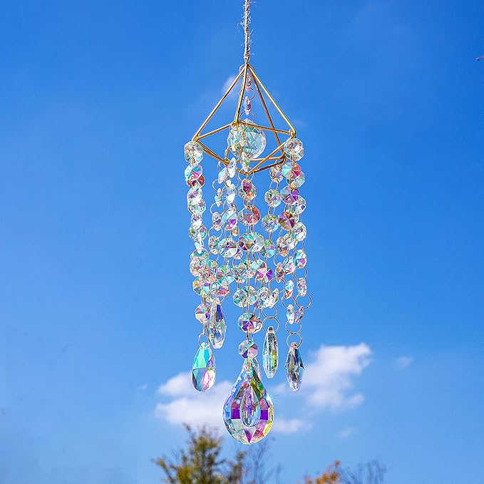 HDCRYSTALGIFTS Crystal Suncatchers for Window Hanging Wind Chime Style Garden Sun Catchers with Crystals Rainbow Maker Indoor Outdoor Decor Handmade Gold Plated