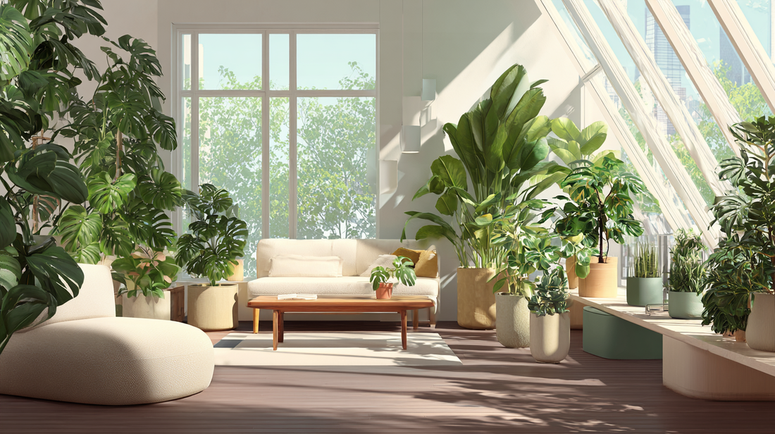 Bright living room with lush indoor plants in eco-friendly planters, sustainable home décor in natural sunlight