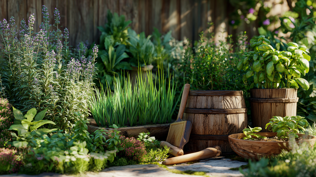A rustic backyard herb garden with medicinal plants like basil and lavender growing alongside wooden pest control tools, creating a healthy and sustainable atmosphere.
