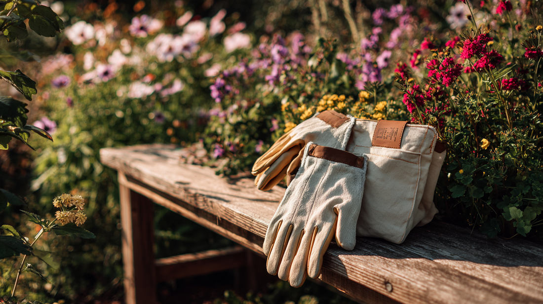  A pair of garden gloves and an apron resting on a rustic wooden bench, surrounded by vibrant blooming wildflowers, symbolizing practical gardening and natural beauty.