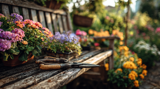  A rustic garden bench with pruners resting beside vibrant blooming flowers, symbolizing the connection between gardening tools and colorful garden beauty.
