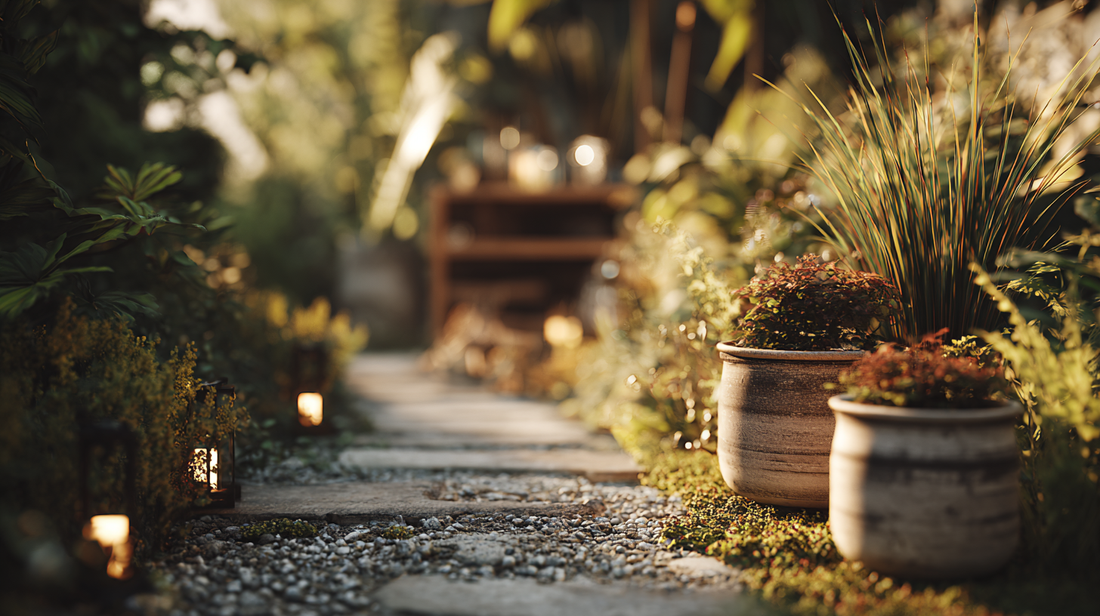A tranquil garden path illuminated by soft outdoor lighting, with decorative plant pots placed along the way, creating a serene and welcoming atmosphere for outdoor relaxation.
