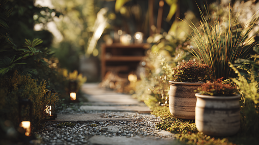 A tranquil garden path illuminated by soft outdoor lighting, with decorative plant pots placed along the way, creating a serene and welcoming atmosphere for outdoor relaxation.