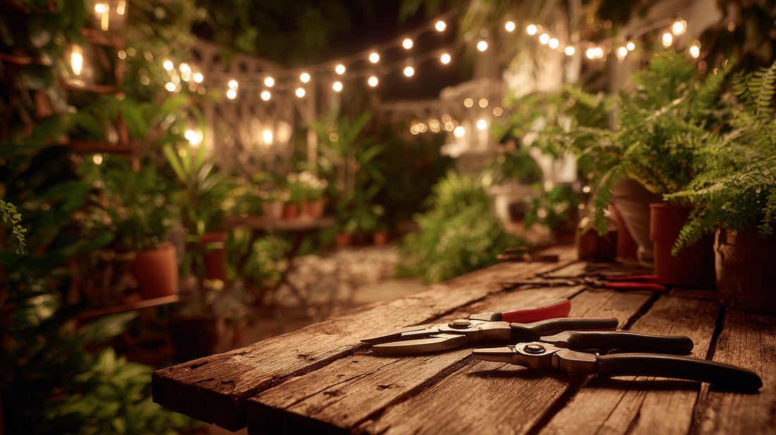 A cozy garden scene with pruning tools resting on a wooden table, illuminated by warm outdoor lighting, creating a serene and functional atmosphere for evening gardening.
