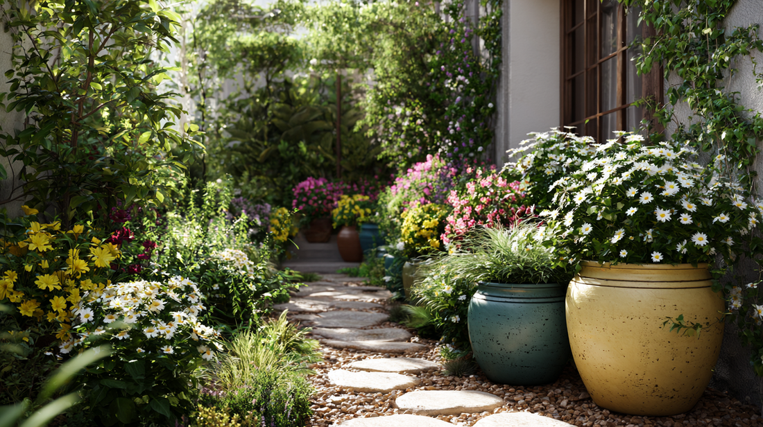 Colorful decorative plant pots along a garden path, filled with blooming flowers, creating a bright and welcoming garden ambiance.