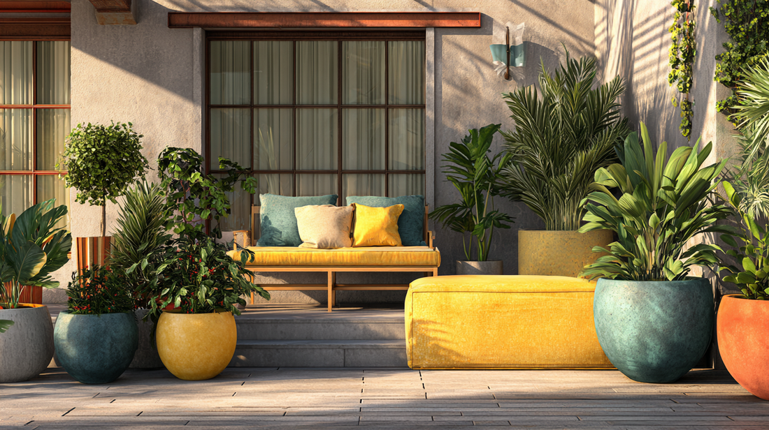  A stylish outdoor patio decorated with vibrant outdoor plants in colorful decorative plant pots, creating a welcoming and modern garden atmosphere.