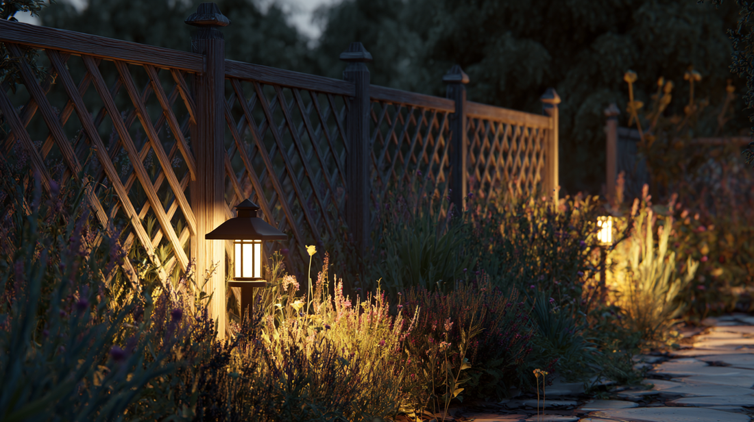Outdoor lighting along a garden path, with a wooden trellis fence and vibrant plants, casting a warm glow and creating a cozy atmosphere.