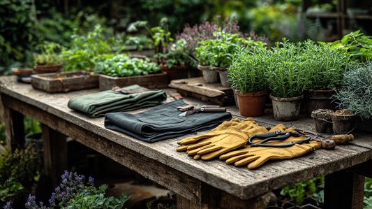 Garden gloves, aprons, and potted herbs on a wooden table, symbolizing a well-prepared and organized gardening setup.