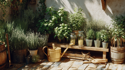 Rustic garden setup with herbs in pots, a watering can, and gardening tools on a wooden bench, symbolizing a well-maintained and peaceful garden space.