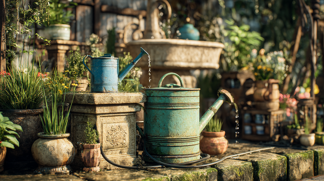Vintage watering cans watering plants in a rustic garden, surrounded by various potted plants, creating a cozy and vibrant outdoor space.