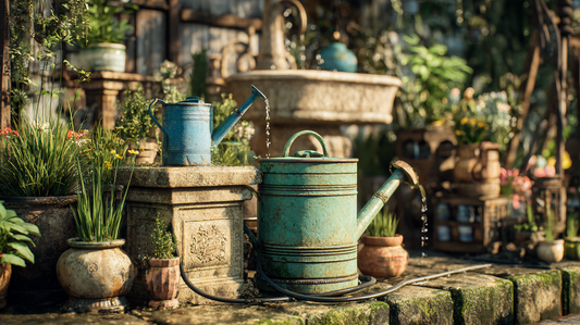 Vintage watering cans watering plants in a rustic garden, surrounded by various potted plants, creating a cozy and vibrant outdoor space.