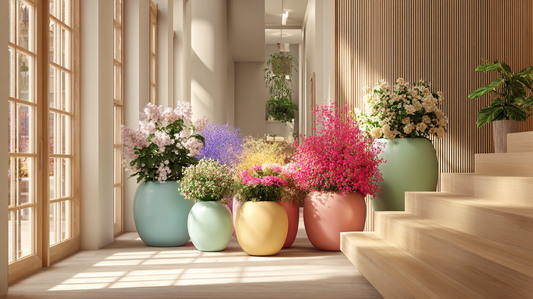  A bright interior decorated with colorful flowering plants in elegant ceramic planters, creating a cheerful and stylish home atmosphere.