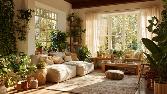 Cozy living room filled with lush indoor plants in terracotta and ceramic pots, autumn sunlight streaming through large windows, natural textures and warm seasonal atmosphere