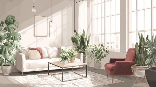 Bright modern living room with large windows, white sofa, red armchair, and air-purifying indoor plants like snake plant and monstera, clean and cozy seasonal home by GardenAtelier