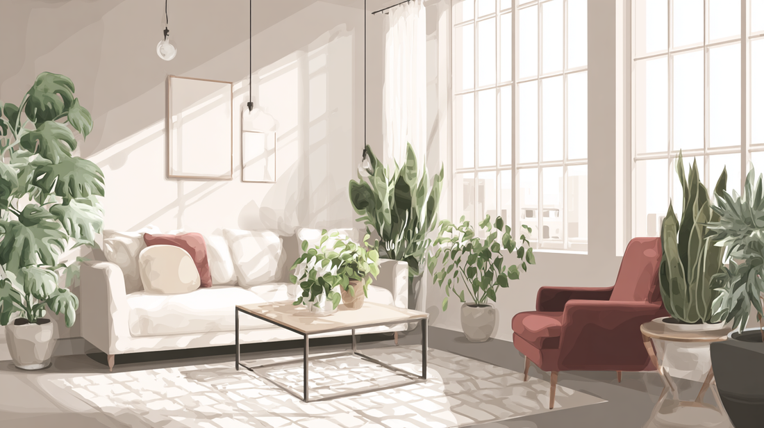 Bright modern living room with large windows, white sofa, red armchair, and air-purifying indoor plants like snake plant and monstera, clean and cozy seasonal home by GardenAtelier