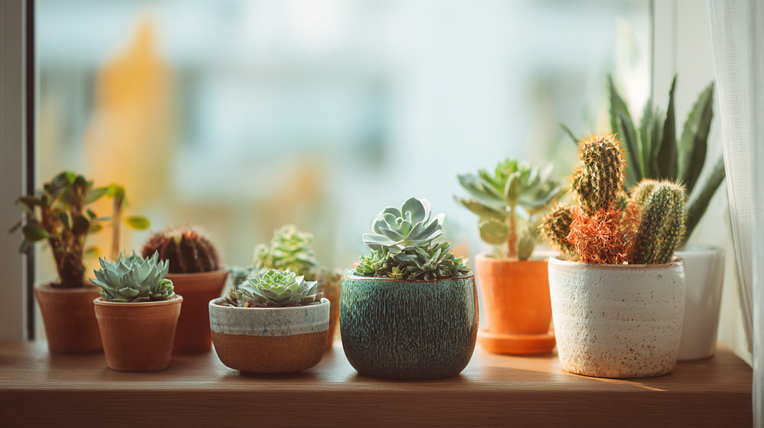 Succulents and cacti in ceramic and terracotta pots on a windowsill, natural sunlight highlighting low-maintenance indoor plants, sustainable home décor by GardenAtelier