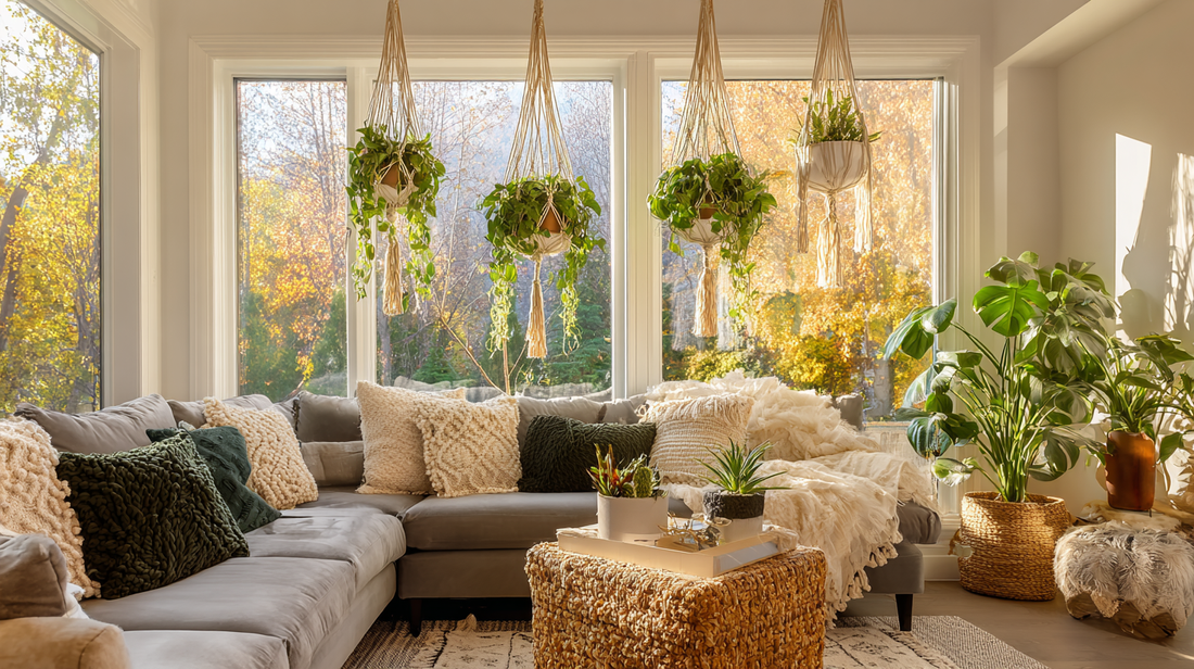 Cozy modern living room with macrame hanging planters filled with lush trailing plants, large windows with autumn sunlight, seasonal home décor by GardenAtelier