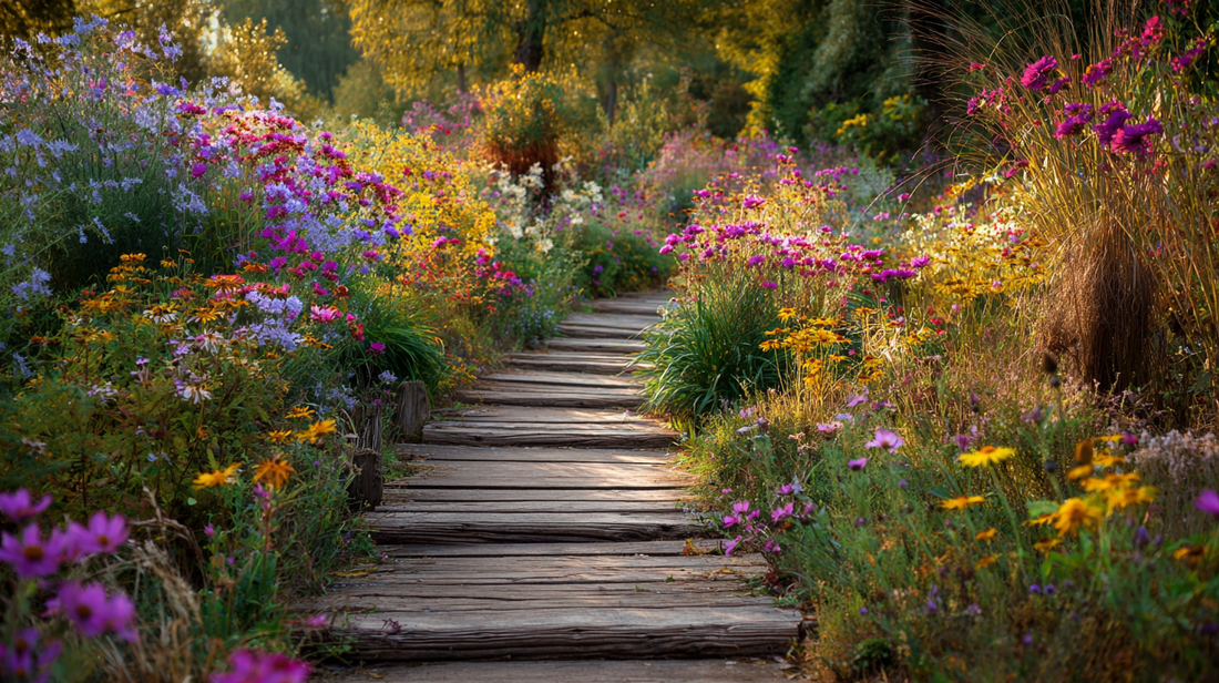 Rustic wooden path surrounded by colorful wildflowers in full bloom, autumn sunlight highlighting natural seasonal beauty, wildflower garden by GardenAtelier